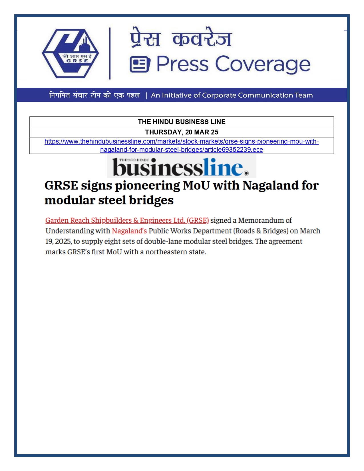 Press Coverage :GRSE signs pioneering MoU with Nagaland for modular steel bridges